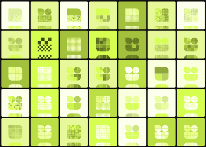 A grid of 35 green-toned square tiles featuring abstract geometric and pixelated designs, including a prominent frog-like figure in the top-left area, tying into the post's celebratory note about an Opepen minting event where "the frog looks good in green."
