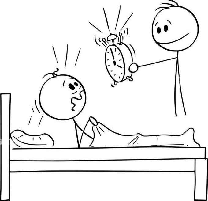 A black-and-white stick figure cartoon shows a smiling stick figure ringing a loudly clanging alarm clock to wake up a startled, disheveled stick figure jolting out of bed.