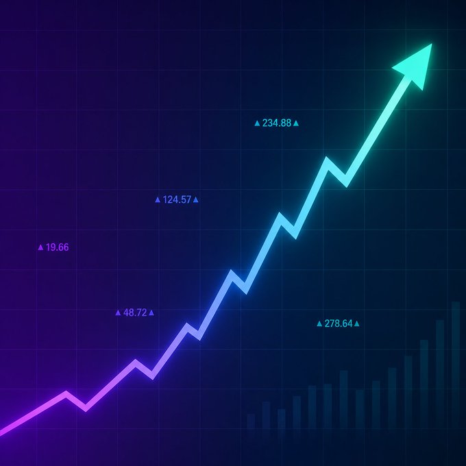 A neon-colored upward trending line graph on a dark blue grid background, displaying various percentage increases like 19.66%, 48.72%, 124.57%, 234.88%, and 278.64%.