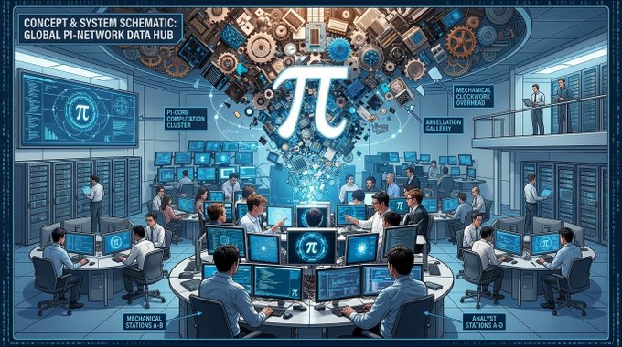 An illustrated "Concept & System Schematic: Global Pi-Network Data Hub" features a bustling operations center with workstations labeled "Mechanical Stations A-B" and "Analyst Stations A-D," a "Recording Computation Cluster," and a large floating Pi symbol surrounded by gears and circuitry. The high-tech, blockchain-themed setting visually reinforces the post's message about traditional finance merging with on-chain assets, symbolizing the tokenization of major stocks like Apple, Microsoft, Nvidia, Tesla, and Amazon on Solana.