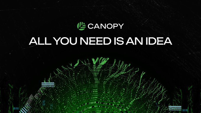 A promotional graphic with the text "CANOPY - ALL YOU NEED IS AN IDEA" featuring a green digital/glitch-style globe design on a black background.