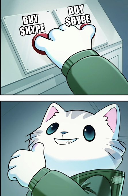 A two-panel meme featuring a white cat paw pressing two red buttons labeled 'BUY' and 'BUY $HYPE', followed by the cat giving an approving thumbs up.