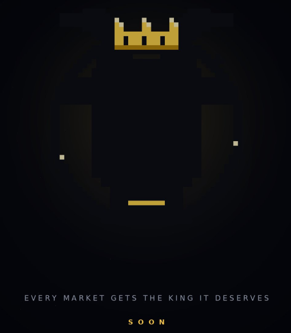 A pixel-art teaser featuring a gold crown floating above a faint smile-like outline on a black background, with the tagline "EVERY MARKET GETS THE KING IT DESERVES" and the word "SOON" beneath it. The cryptic "king" imagery visually hints at Cashmere Labs' Stonkbroker NFT project teasing its upcoming mint.