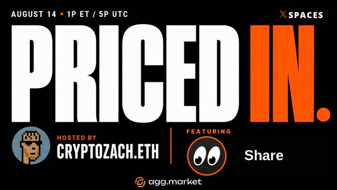 A promotional graphic for a Twitter/X Spaces event titled 'PRICED IN.' scheduled for August 14 at 1P ET / 5P UTC, hosted by CRYPTOZACH.ETH and featuring 'Share', sponsored by agg.market.