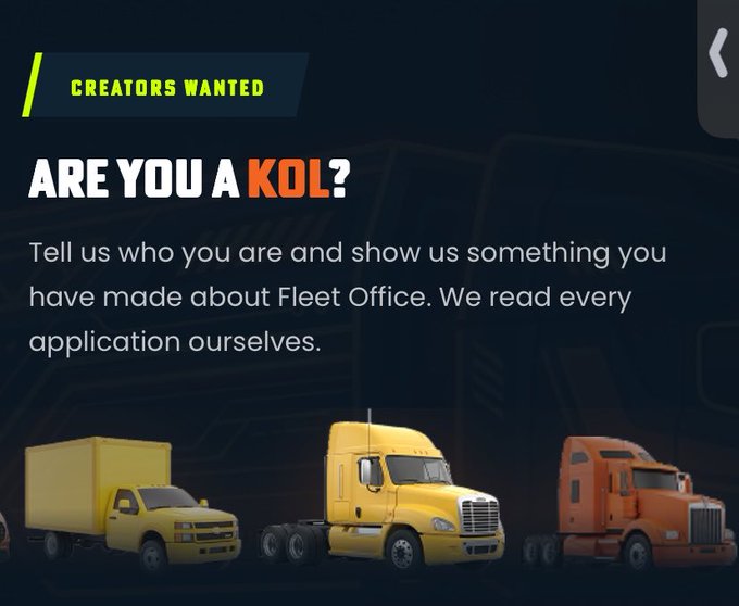 A promotional banner reading 'CREATORS WANTED - ARE YOU A KOL?' asking applicants to show their work about 'Fleet Office,' displayed above three trucks in yellow, orange, and red.