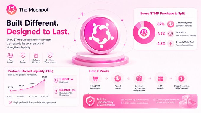 A promotional infographic for 'The Moonpot' cryptocurrency project, highlighting 'Built Different. Designed to Last.' with statistics on $TMP purchases split between Community Pool (87%), Operations (8.7%), and Dynamic Utility Pool (4.3%).