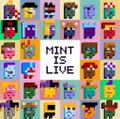 Pixel art illustration featuring a grid of various colorful character sprites surrounding a central white block displaying the text 'MINT LIVE'.
