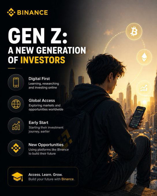 A Binance infographic titled "GEN Z: A NEW GENERATION OF INVESTORS" features a young person looking at their phone with Bitcoin and Ethereum icons floating against a city skyline backdrop. The graphic highlights key traits including "Digital First," "Global Access," "Early Start," and "New Opportunities," with the tagline "Access. Learn. Grow. Build your future with Binance." This visually reinforces the accompanying message about how Gen Z is entering investing earlier through digital platforms and instant access to financial technology.