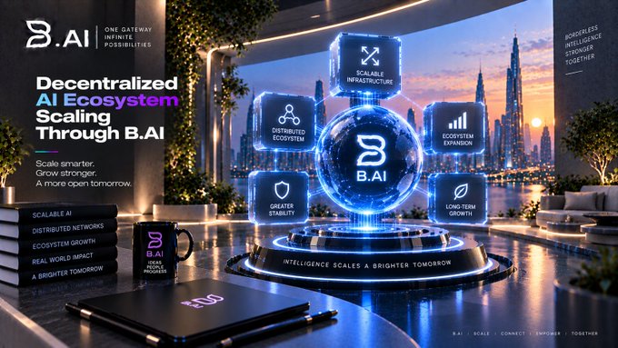 A futuristic promotional banner for 'B.AI - ONE GATEWAY INFINITE POSSIBILITIES - Decentralized AI Ecosystem Scaling Through B.AI', featuring a holographic display of cubes labeled Scalable Infrastructure, Distributed Ecosystem, Ecosystem Expansion, Greater Stability, and Long-term Growth, with a Dubai skyline backdrop.