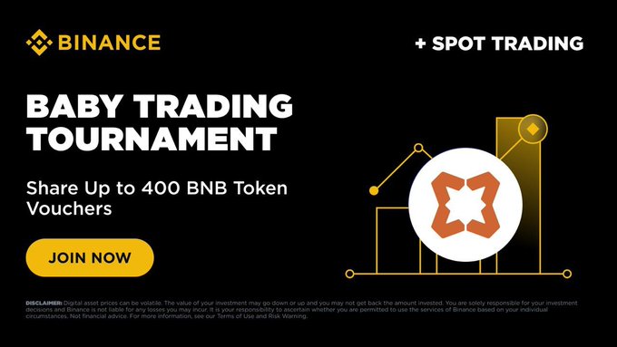 A Binance promotional banner for a 'BABY TRADING TOURNAMENT' under the Spot Trading category, offering up to 400 BNB token vouchers with a 'JOIN NOW' button.