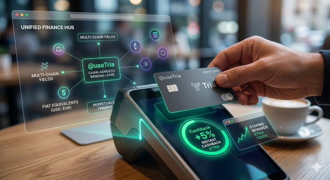 The image shows a person holding a credit card over a smartphone, which displays a payment app called "@useTria Tria" with a green screen. The app aims to simplify payments by allowing users to make transactions through multiple chains without having to switch between different apps or platforms. This can be particularly helpful for early morning users who want to avoid the complexity of traditional banking systems and focus on their day ahead.