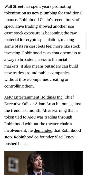 An English-language news article excerpt discussing Wall Street's promotion of 'tokenization' in traditional finance and mentioning Robinhood Chain, AMC Entertainment CEO Adam Aron, and co-founder Vlad Tenev.