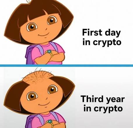 A two-panel 'Dora the Explorer' meme showing the character with a full head of hair labeled 'First day in crypto' and balding with sparse hair labeled 'Third year in crypto'.
