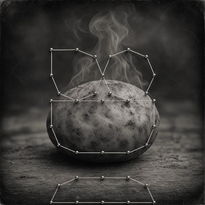 A black and white artistic photograph of a steaming potato on a wooden surface, with a wire/ball geometric pattern overlay forming abstract shapes.