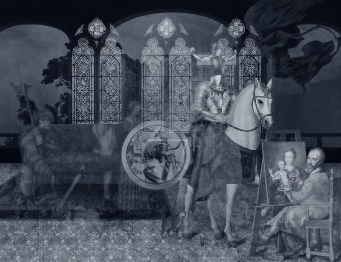 A black and white composite image blending a Gothic cathedral interior with classical Renaissance-style paintings of figures, a horse, and an artist with a Madonna and Child.