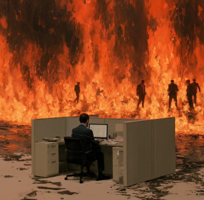 A businessman works calmly at his desk, oblivious to the massive inferno engulfing the office behind him, with several silhouetted figures standing amid the flames. The image serves as a striking visual metaphor for the post's casual "gm gn, have a good time guys" message—capturing that classic internet mood of acting unfazed while the world burns around you.