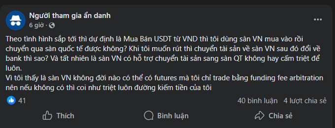 A Facebook comment in Vietnamese from an anonymous user asking about buying USDT from VND on Vietnamese exchanges and transferring assets internationally.