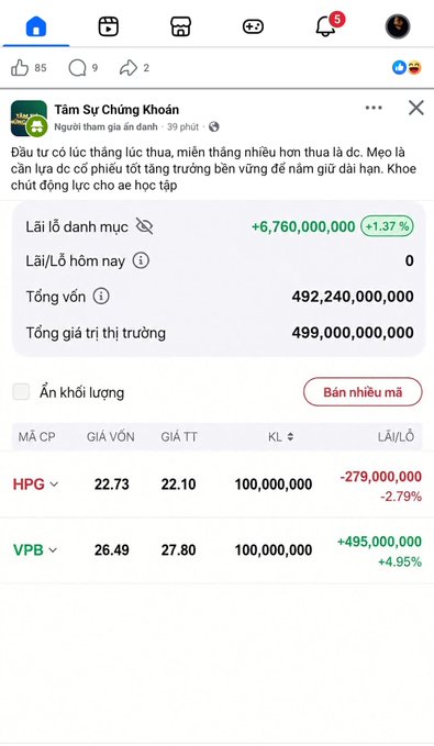 Ảnh chụp danh mục chứng khoán gồm 200 triệu cổ phiếu HPG và 200 triệu cổ phiếu VPB, vốn 492,24 tỷ đồng và giá trị thị trường 499 tỷ đồng. Bài đăng liên hệ việc sở hữu “200 triệu cổ” với mệnh giá 1 USD/cổ và cho rằng danh mục 500 tỷ đồng là quá lớn, cần thận trọng.