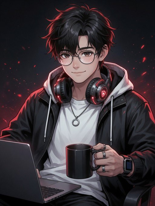 The image features a man sitting down with headphones on, holding a coffee cup and laptop computer. The man appears to be focused on his work or activity while wearing glasses and a hoodie. The background of the image has red sparks flying around, which adds an element of intensity to the scene. The post includes text that reads "Ngày mới anh em !!! Thị trường vừa mới khởI sắc đc nhân hay nhất mùa Dump cái điểm nhấn không đây". The man's focus on his work or activity, along with the red sparks in the background, creates a sense of intensity and passion.