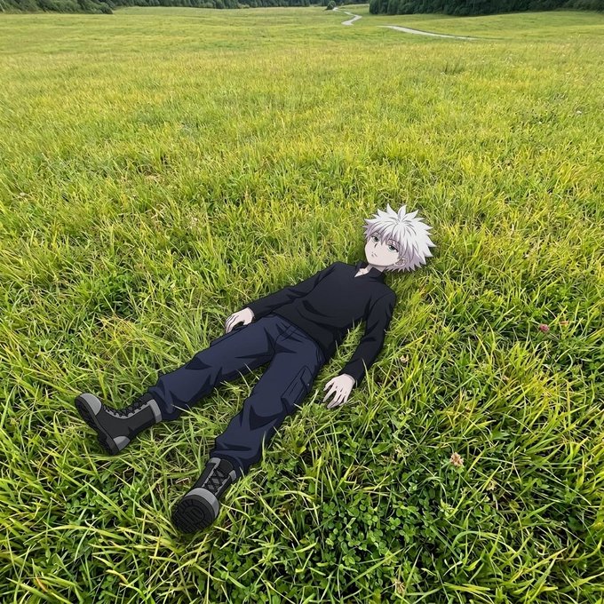 An anime-style illustration depicts a white-haired character in dark clothing lying in a lush green grassy field.