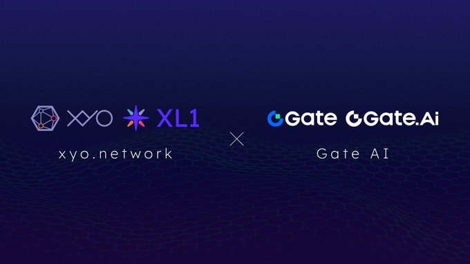 A promotional graphic announcing a collaboration between XYO Network (xyo.network) and Gate AI (Gate.Ai), featuring both entities' logos side-by-side with an "x" symbol between them, set against a dark blue honeycomb-patterned background. The visual reinforces the post's announcement of the partnership exploring AI, Web3, and real-world utility use cases.