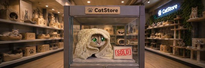 A cat sitting wrapped in a beige blanket inside a glass display case with a 'SOLD' sign, set in a store called 'CatStore' with shelves of cat-themed merchandise and products in the background.