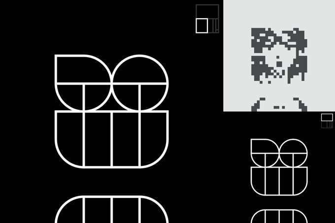 Black and white graphic design featuring stylized geometric letterforms alongside a pixelated character figure in the upper right corner.