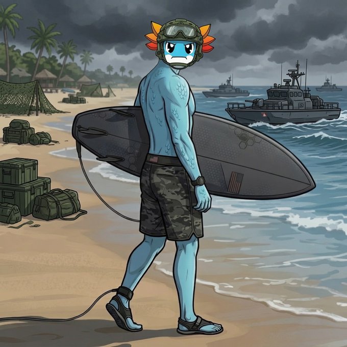 The image features a man walking along a beach, holding a surfboard under his arm. He appears to be wearing a helmet with an orange face mask, giving him a unique appearance. The background of the image shows several boats floating on the water near the shoreline. There is also a caption in the image that reads "New week new energy! Let's make it count".