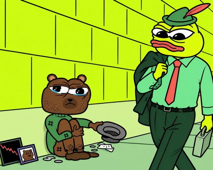 Cartoon illustration depicting a sad bear in patched clothing sitting on the ground holding a hat out to a passing duck-like businessman, symbolizing a poor trader asking for money, with a framed picture showing a downward price chart nearby.