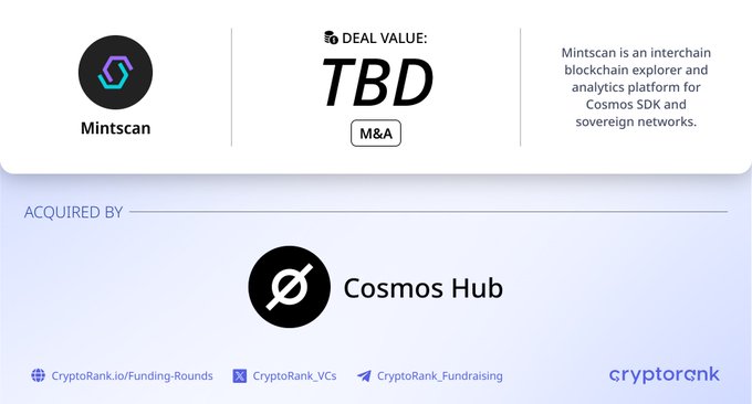 The image shows a logo for a cryptocurrency called Cosmos Hub, which has been acquired by Mintscan about their analysis platform. The logo features a black circle with a white "O" inside of it. The text below the logo reads "Cosmos Hub has acquired Mintscan About: @mintscanio is an interchain blockchain explorer and analytics platform for Cosmos SDK and sovereign networks. Acquired by: @cosmos is an ecosystem of blockchains that can scale and interoperate with each other."