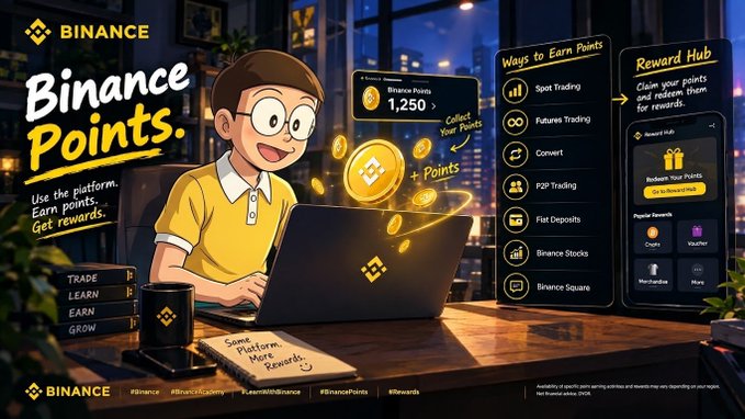 A promotional banner for 'Binance Points' featuring a cartoon man with glasses on a laptop, showing ways to earn points through Spot Trading, Futures Trading, Convert, P2P Trading, Fiat Deposits, Binance Stocks, and Binance Square.