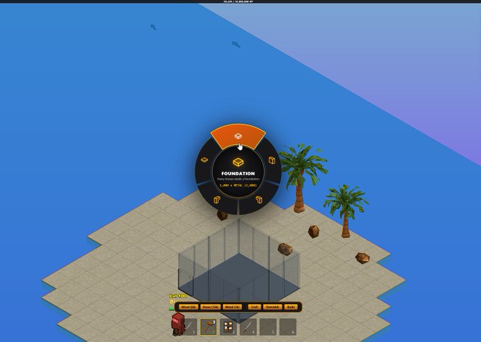 A screenshot from a 3D building game showing an isometric view of a foundation placement with palm trees on a blue sky background.