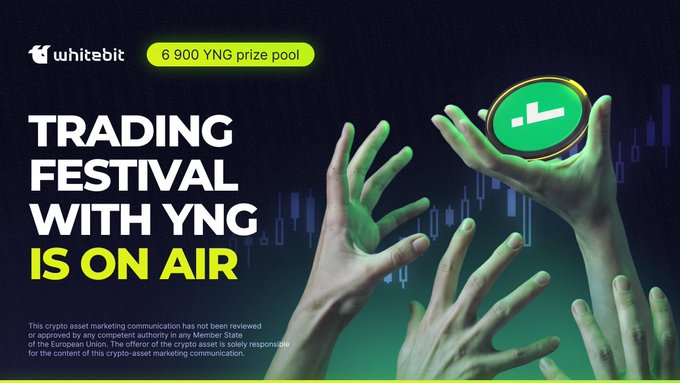 A promotional banner for WhiteBIT's "Trading Festival with YNG" featuring a 6,900 YNG prize pool, with green 3D hands reaching toward a coin, while the post announces the final day of a deposit race offering a 1,200 YNG prize pool for depositing 75+ YNG tokens.