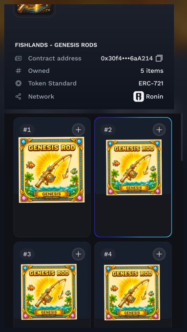 A digital wallet interface showing 'FISHLANDS - GENESIS RODS' collection with contract address 0x30f4...6aA214, 5 items owned, ERC-721 token standard on Ronin network, displaying four identical Genesis Rod NFT cards.