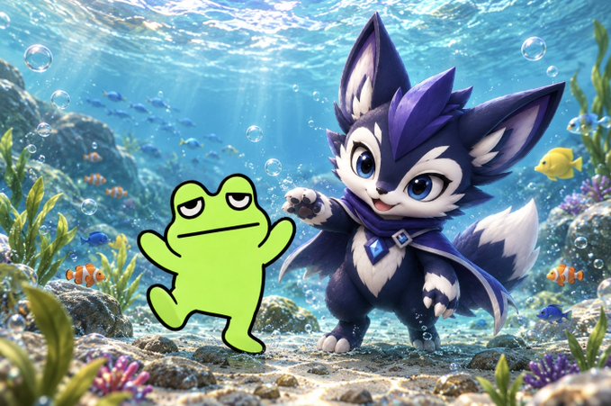 An AI-generated underwater scene featuring an anthropomorphic fox-like character in a blue outfit standing beside a green cartoon frog, surrounded by fish and coral.