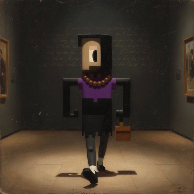 A blocky, pixelated figure with a single eye, purple shirt, and beaded necklace stands in a dimly lit museum gallery between framed portraits, holding a small box. The artwork has a stylized "museum portrait" aesthetic, fitting the creator's tag, with faint script text visible on the dark back wall behind the figure.