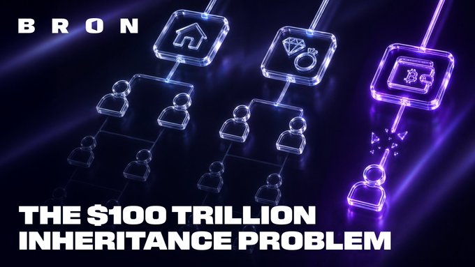 A stylized graphic shows glowing neon-purple and blue icons representing a home, a diamond/ring, and a safe connected by lines to rows of human figure silhouettes, forming a family tree structure. The text reads "BRON" in the top left and "THE $100 TRILLION INHERITANCE PROBLEM" at the bottom, visually emphasizing the post's theme of unaccounted-for digital assets like crypto seed phrases that get lost when passed down through families.