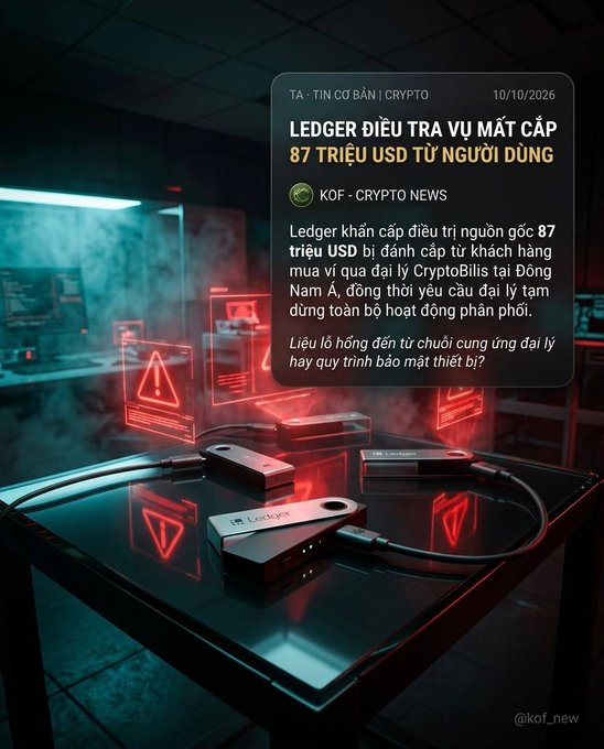 A Vietnamese news graphic about Ledger investigating a case of $87M USD stolen from users, by KOF - Crypto News, dated 10/10/2026, showing Ledger hardware wallets on a table with red warning displays.