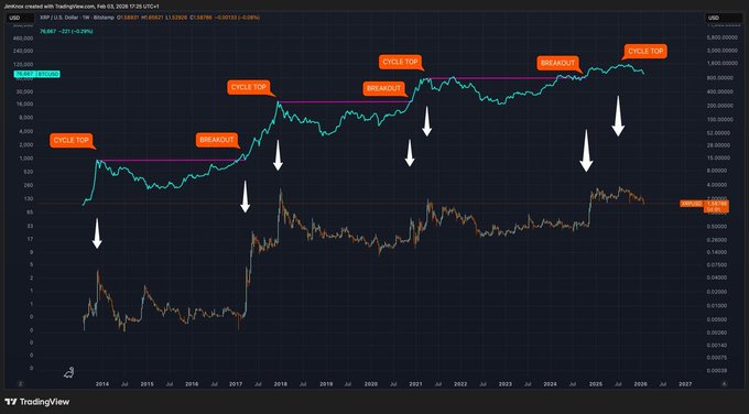 A TradingView chart titled 'Jenkins created with TradingView.com, Feb 03, 2026' showing XRP/USD on a weekly timeframe, annotated with labels like 'CYCLE TOP', 'BREAKOUT', and 'BEAROUT' and arrows indicating cycle phases from 2014 to 2025.