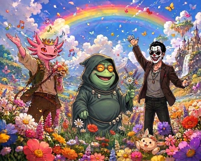 A whimsical, colorful illustration features three fantasy characters—a crowned pink axolotl, a green hooded creature, and a clown-masked figure—joyfully celebrating in a vibrant flower-filled meadow with a rainbow, butterflies, and floating music notes, matching the festive contest announcement from the post.
