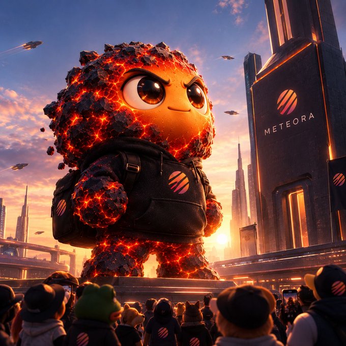 A 3D-rendered mascot character made of glowing molten lava rocks stands in a futuristic city setting with the 'METEORA' logo visible on a skyscraper behind it.