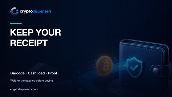 An advertisement for cryptodispensers.com displays "KEEP YOUR RECEIPT" with bullet points "Barcode • Cash load • Proof" alongside an image of a Bitcoin wallet with a shield.