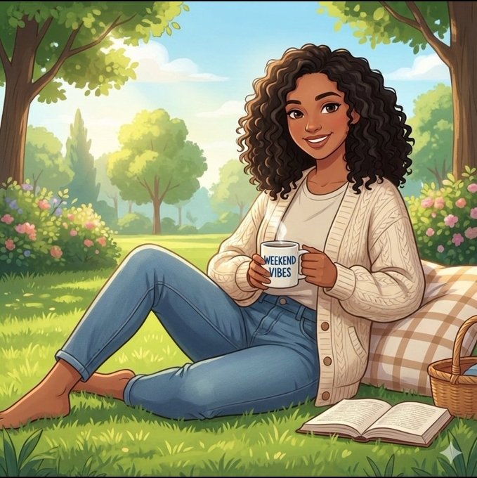 An illustration of a woman with curly hair sitting in a garden holding a mug that reads "WEEKEND VIBES," wearing a cream cardigan and jeans, with a book and picnic basket beside her.