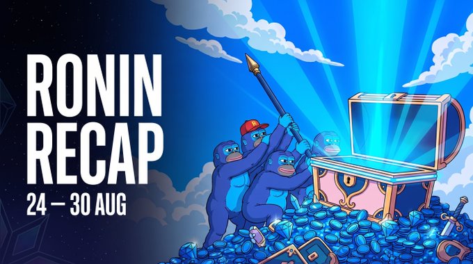 A graphic titled 'RONIN RECAP 24 - 30 AUG' shows cartoon blue apes gathered around a glowing treasure chest on a pile of blue coins.
