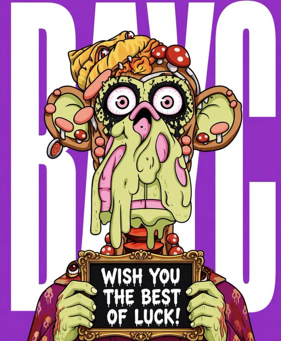 A grotesque, melting zombie-like monster wearing a pizza-for-a-hat holds a chalkboard reading "WISH YOU THE BEST OF LUCK!" against a purple background with large "DWAC" letters, humorously illustrating the post's warning that not all subscribers will profit from the upcoming market runner spots.
