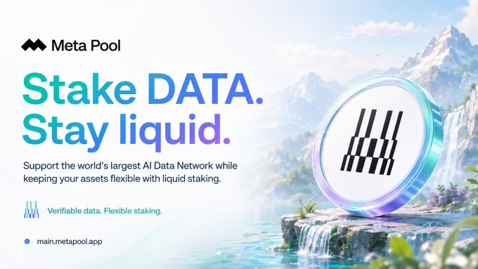 An advertisement for Meta Pool with the headline 'Stake DATA. Stay liquid.' describing it as the world's largest AI Data Network, featuring a coin with tally marks on a rocky outcrop by a waterfall.