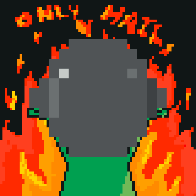 A Minecraft-style pixel art image showing a gray blocky character surrounded by orange and red flames against a black background, wearing a green shirt.