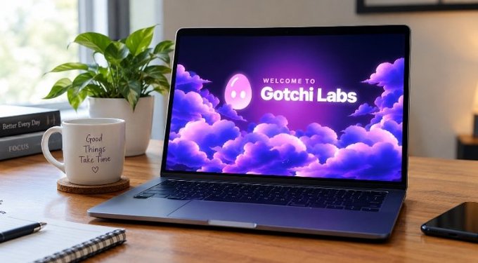 A laptop on a wooden desk displays 'WELCOME TO Gotchi Labs' against a purple cloud background, next to a white mug reading 'Good Things Take Time' and a small potted plant.
