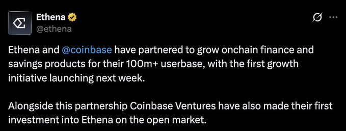 The image shows a screenshot of a text message or social media post from Bitcoin. It appears that someone has posted a link, possibly an article or a video, related to Bitcoin and its impact on the markets. The text includes mentions of Bitcoin coins, a partnership between Coinbase and Ethena, and market growth implications for Coinbase Ventures as well as Ethena's first investment in their new venture through the open market purchase of ENA.