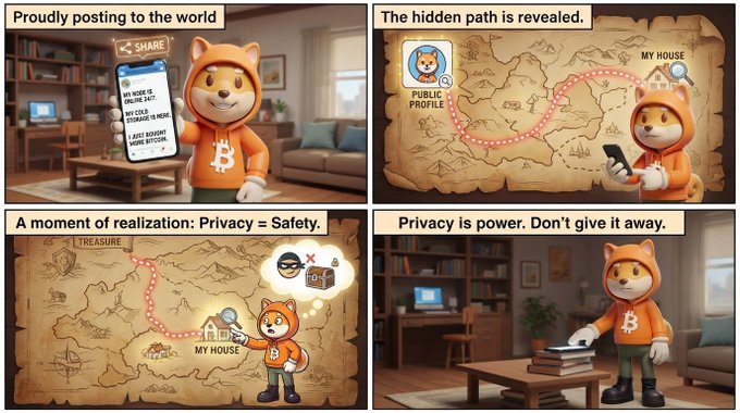 A four-panel comic featuring an orange fox mascot wearing Bitcoin hoodies, illustrating privacy and safety themes with captions like 'Proudly posting to the world,' 'The hidden path is revealed,' 'A moment of realization: Privacy = Safety,' and 'Privacy is power. Don't give it away,' while showing maps with 'PUBLIC PROFILE' and 'MY HOUSE' labels.
